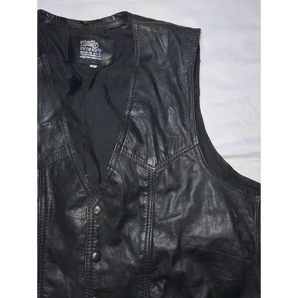 Vintage Leather Vest Men's Size 50 Black Snap Front Motorcycle Biker Harley USA